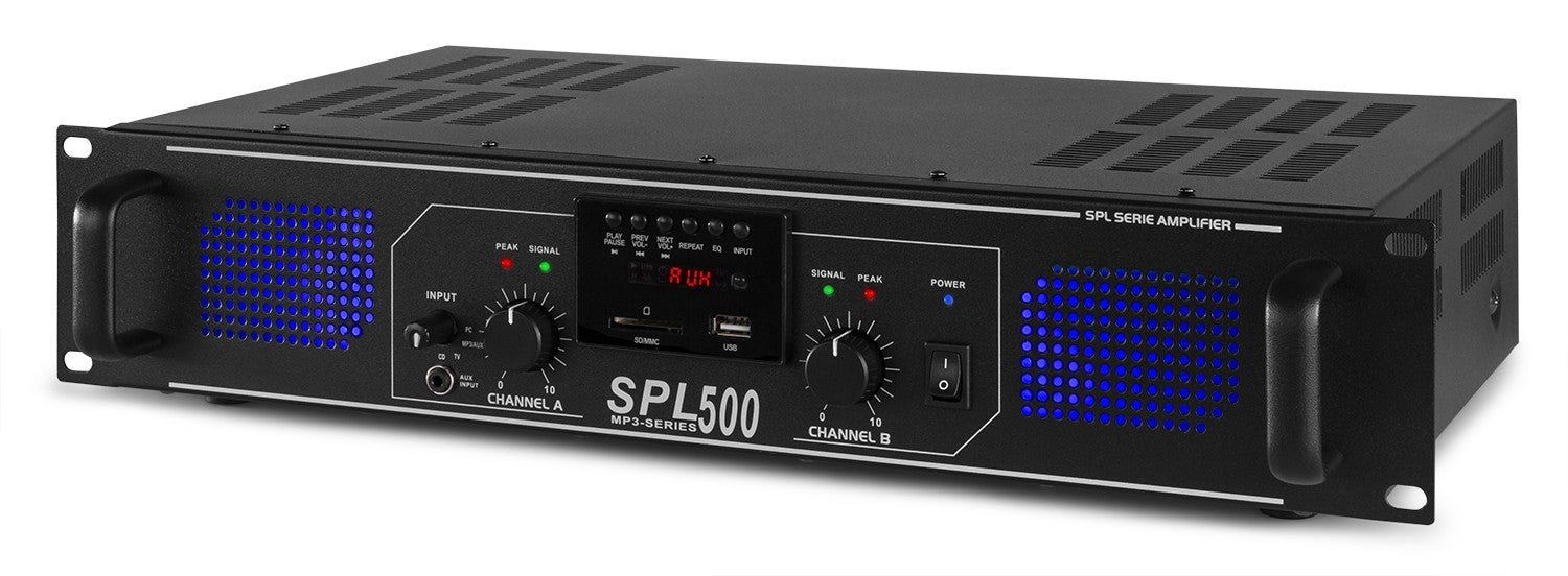 Skytec SPL 500MP3 - Amplificador con LEDs azules + EQ Negro - Tempo Shop