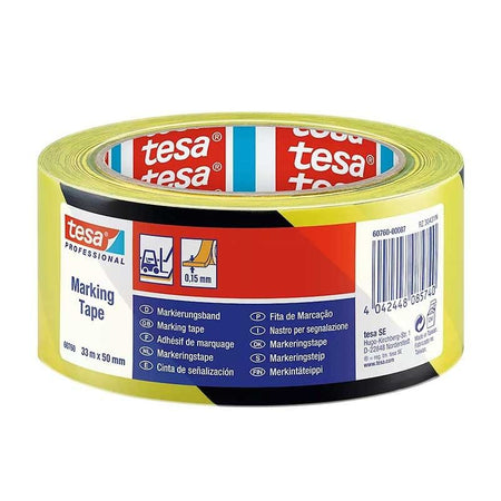 Tesa 60760 - Cinta adhesiva de señalización negro/amarillo 50 mm x 33 m (PVC para marcaje temporal) - Tempo Shop