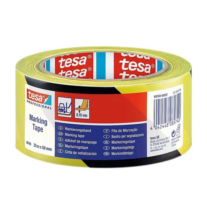 Tesa 60760 - Cinta adhesiva de señalización negro/amarillo 50 mm x 33 m (PVC para marcaje temporal) - Tempo Shop
