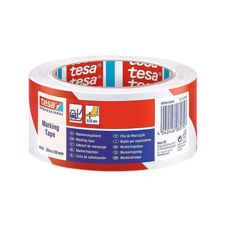 Tesa 60760 - Cinta adhesiva de señalización rojo/blanco 50 mm x 33 m (PVC para marcaje temporal) - Tempo Shop