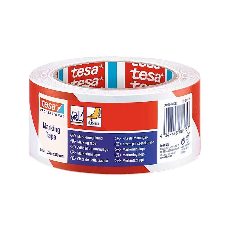 Tesa 60760 - Cinta adhesiva de señalización rojo/blanco 50 mm x 33 m (PVC para marcaje temporal) - Tempo Shop
