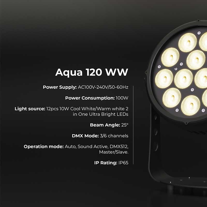 Triton Blue Aqua 120 WW - PAR LED IP65 12 × 10 W CW+WW (2 en 1) con óptica 25°, RDM y conectores REAN/Neutrik - Tempo Shop