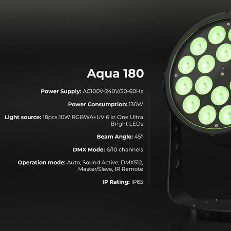 Triton Blue Aqua 180 IP65 - PAR LED 18 × 10 W RGBWA+UV (6 en 1) con óptica 45°, RDM y conectores IP65 profesionales - Tempo S