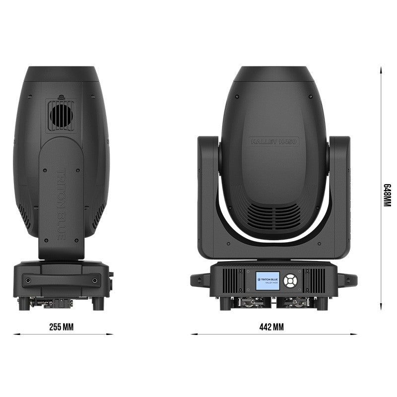 Triton Blue Halley H450 - Cabeza móvil híbrida 3 en 1 (Beam/Spot/Wash) + Profile CMY 450 W, zoom 4°–53° - Tempo Shop