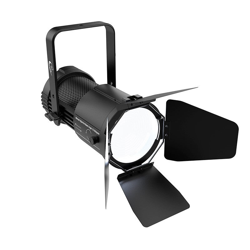 Triton Blue FR-3200-200 – Fresnel LED bicolor 200 W (3200–6500 K) con zoom manual 10°–35° e incluye visera