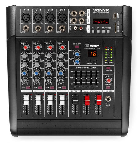 Vonyx AM5A - Mezclador de 5 canales con amplificador DSP/BT/SD/USB/MP3 - Tempo Shop