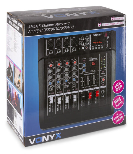 Vonyx AM5A - Mezclador de 5 canales con amplificador DSP/BT/SD/USB/MP3 - Tempo Shop