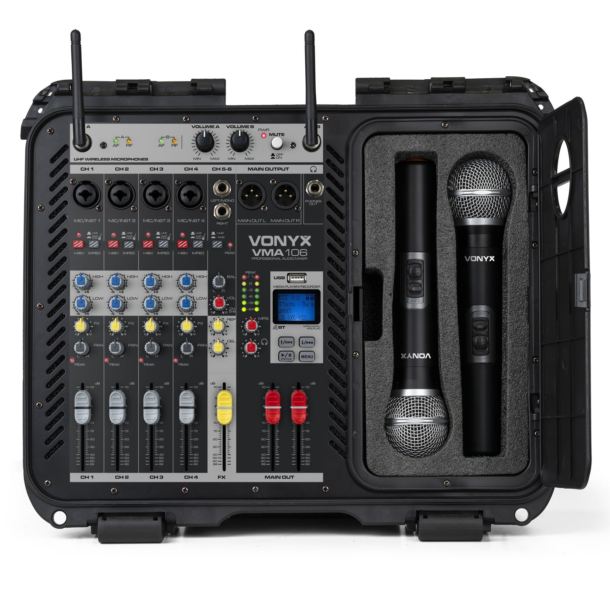 Vonyx VMA106 - Mezclador amplificado de 6Ch en maleta ABS con 2 micros inalámbricos UHF - Tempo Shop