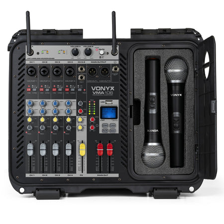 Vonyx VMA106 - Mezclador amplificado de 6Ch en maleta ABS con 2 micros inalámbricos UHF - Tempo Shop