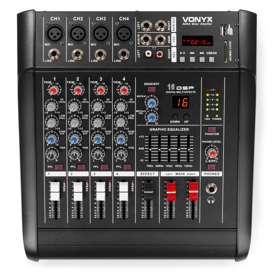 Vonyx AM5A - Mezclador de 5 canales con amplificador DSP/BT/SD/USB/MP3 - Tempo Shop