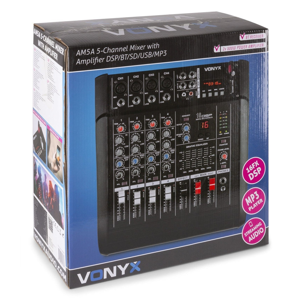 Vonyx AM5A - Mezclador de 5 canales con amplificador DSP/BT/SD/USB/MP3 - Tempo Shop