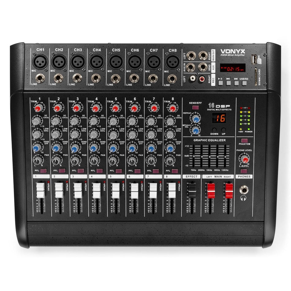 Vonyx AM8A - Mezclador de 8 canales con amplificador DSP/BT/SD/USB/MP3 - Tempo Shop
