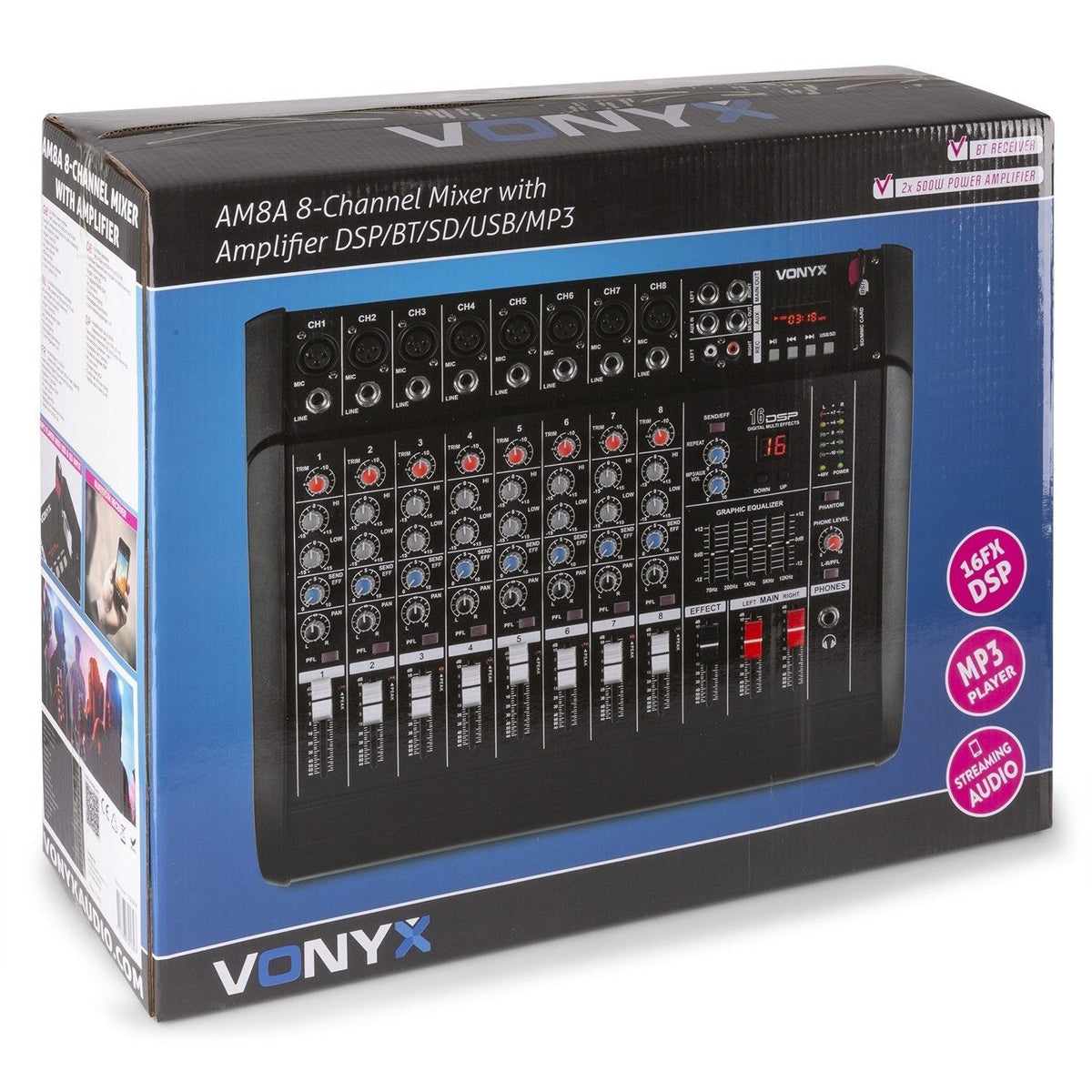Vonyx AM8A - Mezclador de 8 canales con amplificador DSP/BT/SD/USB/MP3 - Tempo Shop