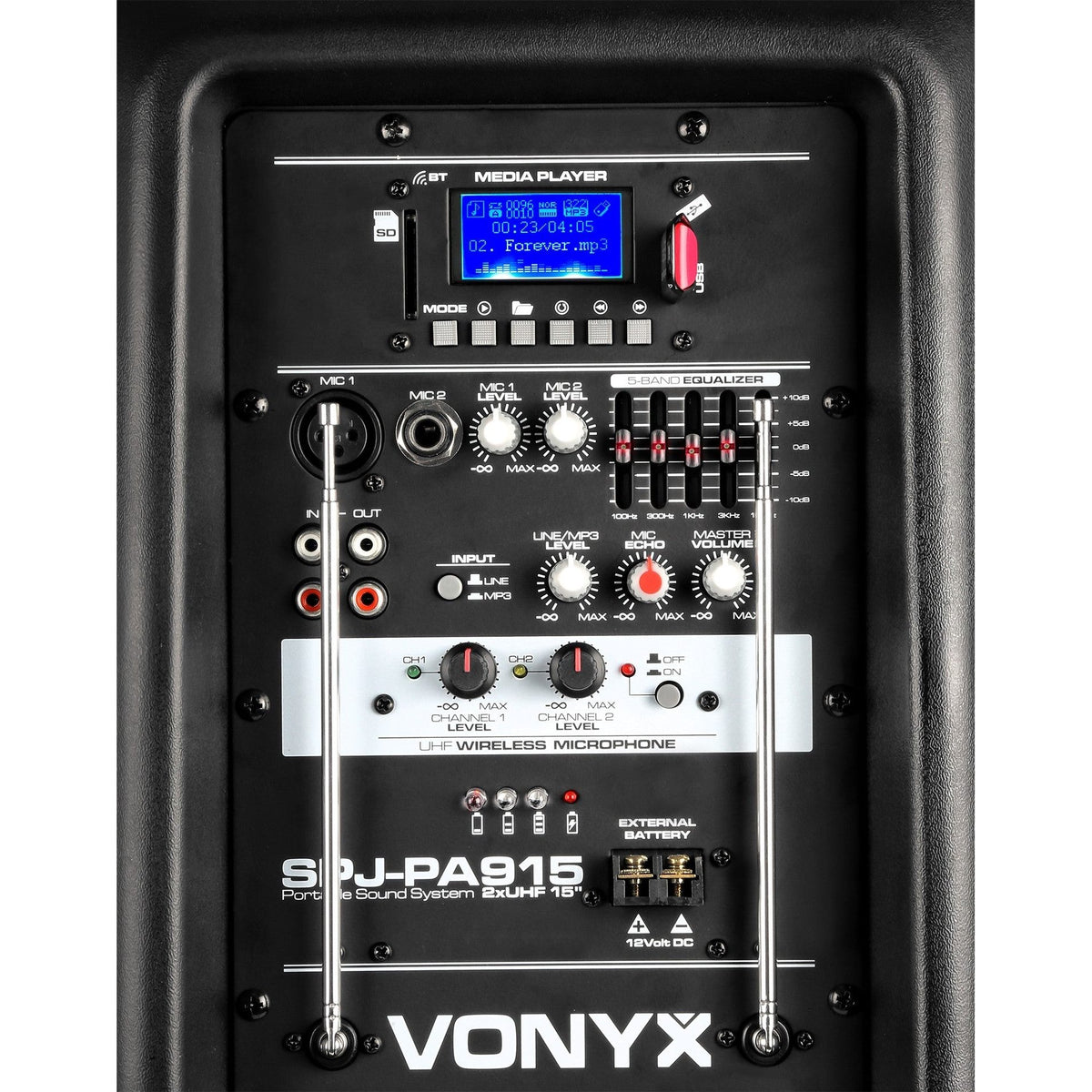 Vonyx SPJ - PA915 - Bafle móvil activo ABS 15" 2 micros UHF/USB/MP3 - Tempo Shop