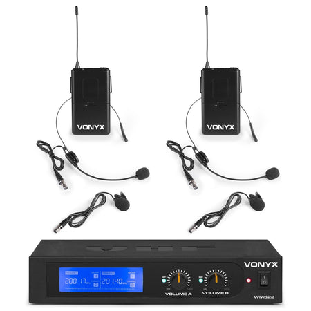 Vonyx WM522B - Micrófono inalámbrico VHF 2 canales con 2 micros de cabeza - Tempo Shop