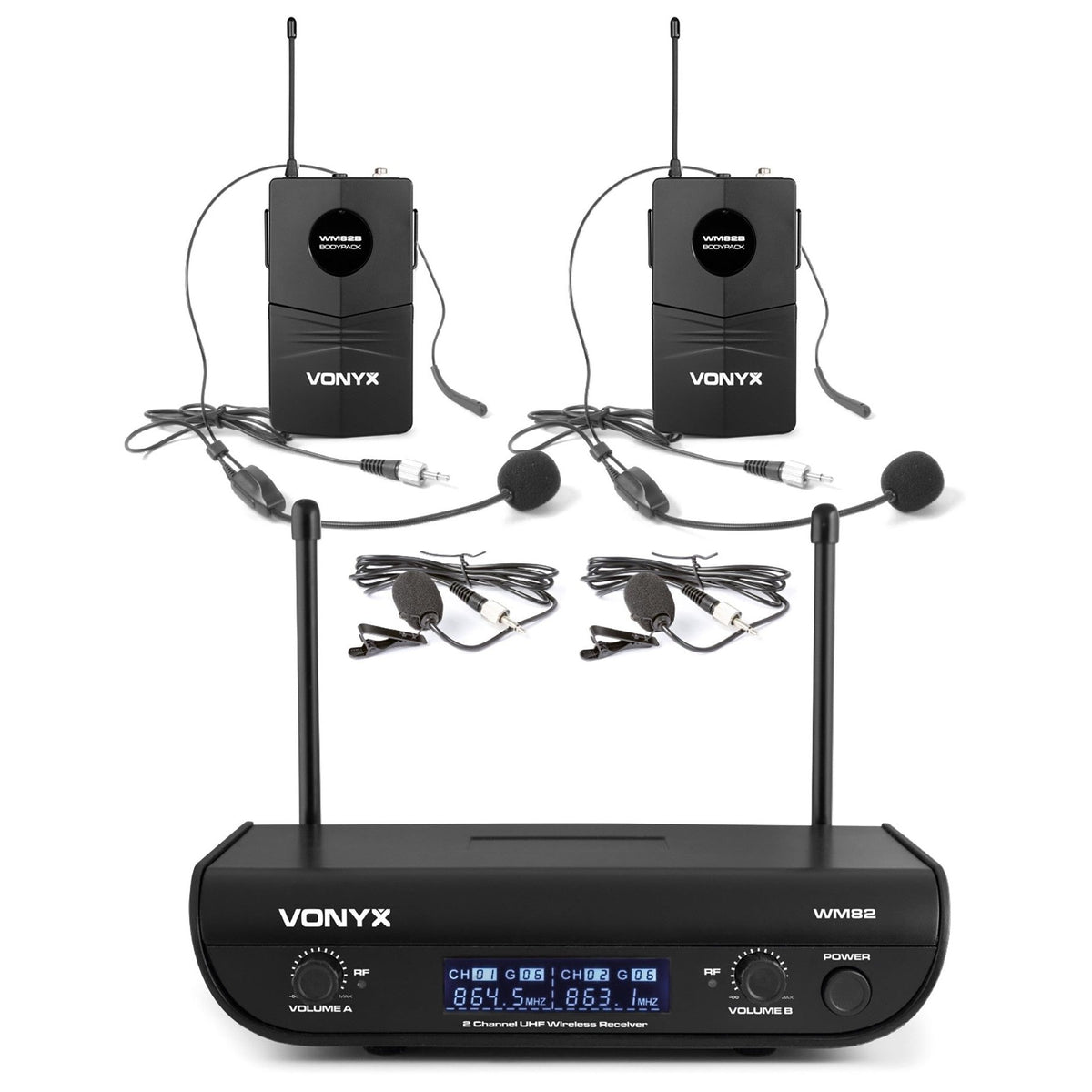 Vonyx WM82B - Micrófono inalámbrico digital UHF 2 canales con 2 micros de cabeza - Tempo Shop
