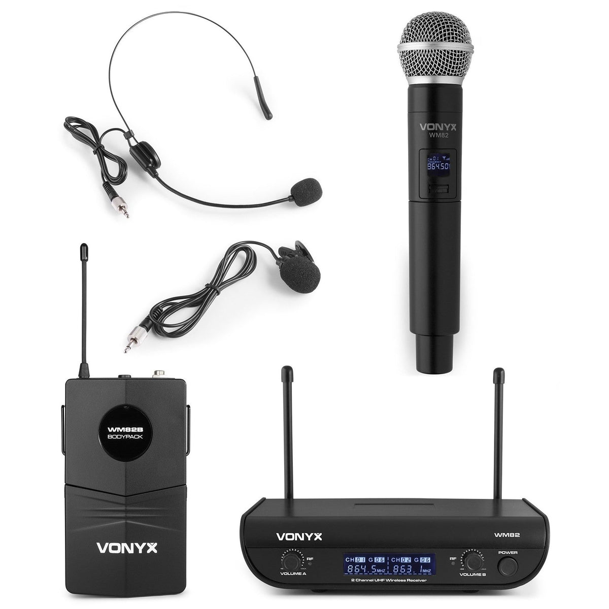 Vonyx WM82C - Micrófono inalámbrico digital UHF de 2 canales con bolsillo y cuerpo - Tempo Shop