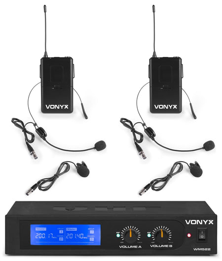 Vonyx WM522B - Micrófono inalámbrico VHF 2 canales con 2 micros de cabeza - Tempo Shop