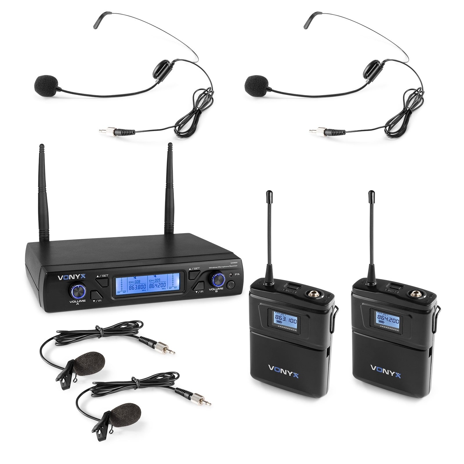 Vonyx WM62B - Micrófono inalámbrico UHF 16Ch con 2 petacas - Tempo Shop