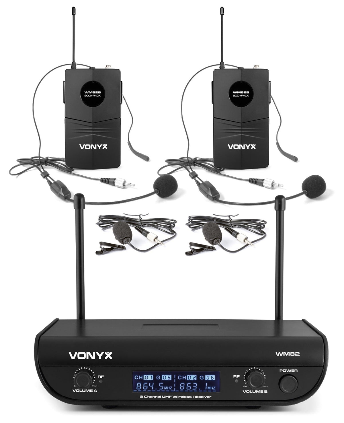 Vonyx WM82B - Micrófono inalámbrico digital UHF 2 canales con 2 micros de cabeza - Tempo Shop