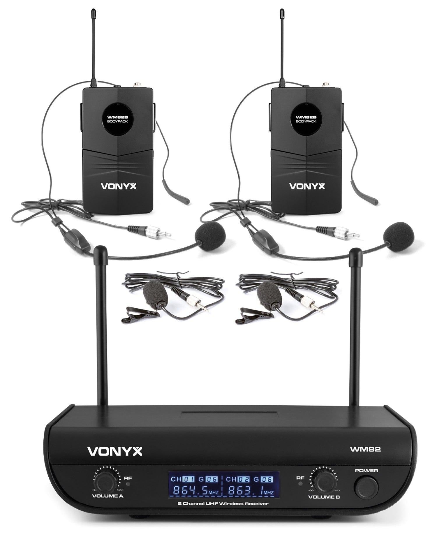 Vonyx WM82B - Micrófono inalámbrico digital UHF 2 canales con 2 micros de cabeza - Tempo Shop