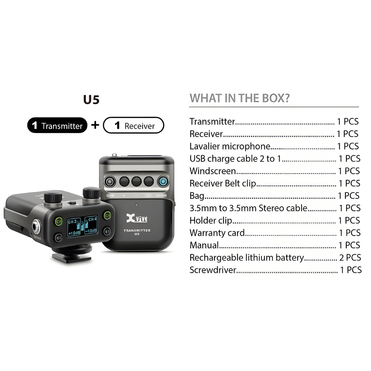 XVive U5 - Sistema de audio inalámbrico digital a 2,4 GHz para cámara DSLR con micrófonos lavalier incluidos - Tempo Shop
